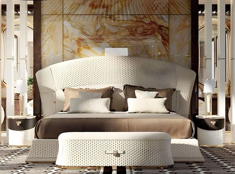 Furnistyle Luxury Big Headboard Double King Size Bed With Pu Leather Modern Style Soft Leather Storage Bed