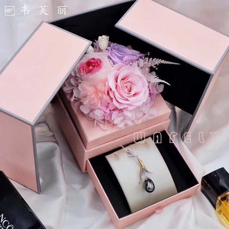 Promotion creative art paper drawer box rose eternal life packaging box double open lipstick collection