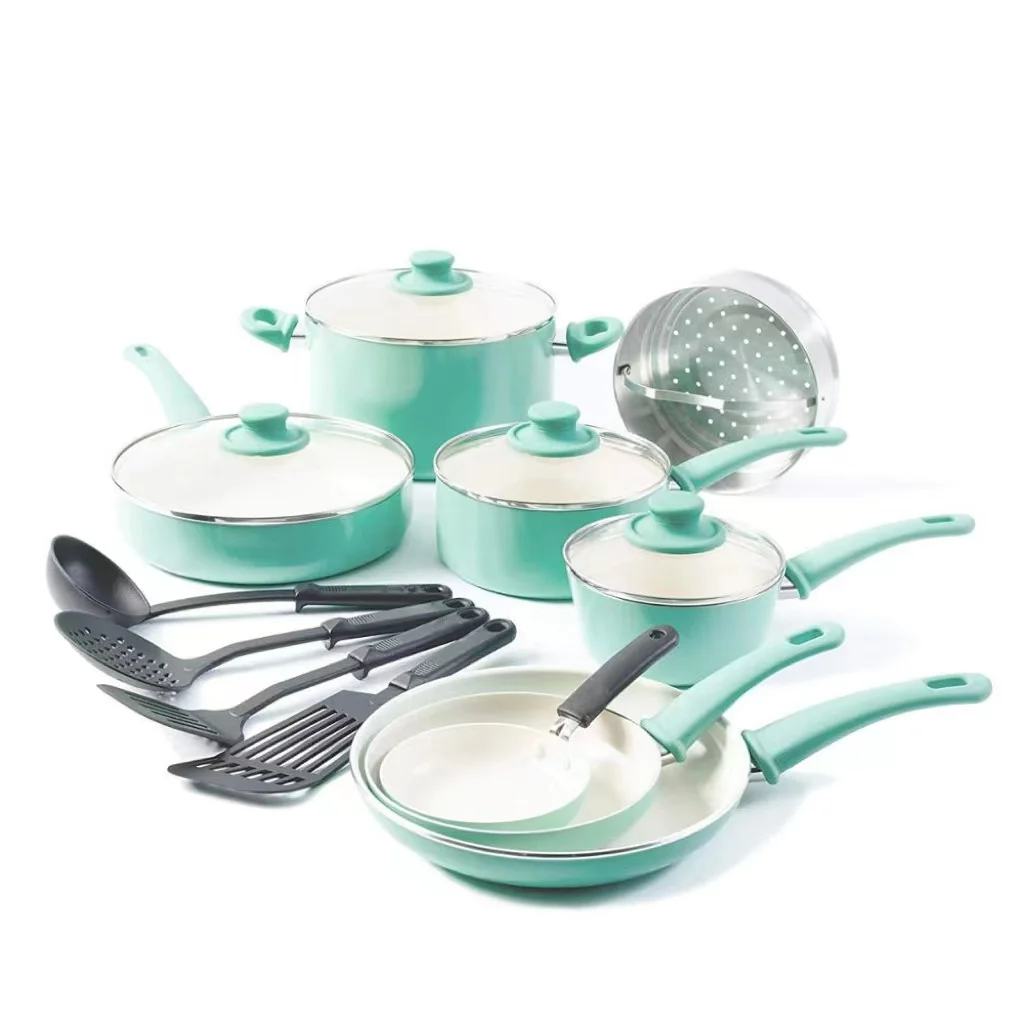 Hot Sale 16Pc sky blue press Aluminum Non Stick Ceramic Coated Cookware Set