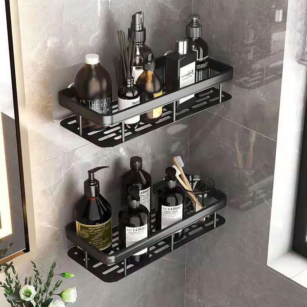 Hot Sale Bathroom Wall Mounted racks Adhesive Storage Holder aluminum Double Tiers Bathroom Shelf Shower Caddy Storage Shelf