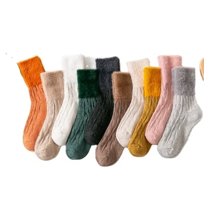 Autumn Winter Mink Cotton Plain Color Winter Fuzzy Warm Tube Women Sweet Socks