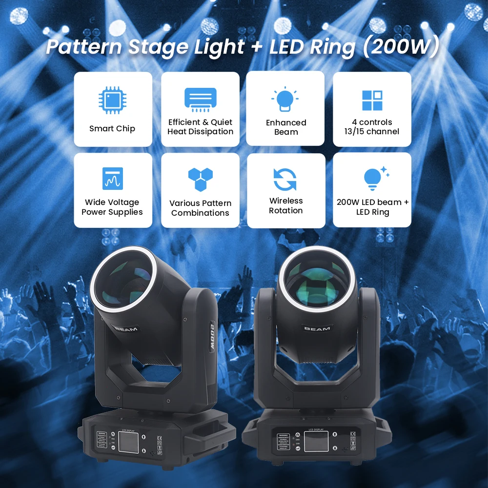 Luces Dj Profesional 200W Moving Head Lights 18Prism LED Beam Spot RGBW Luces Discoteca Rainbow Effect DMX Disco Stage Lights
