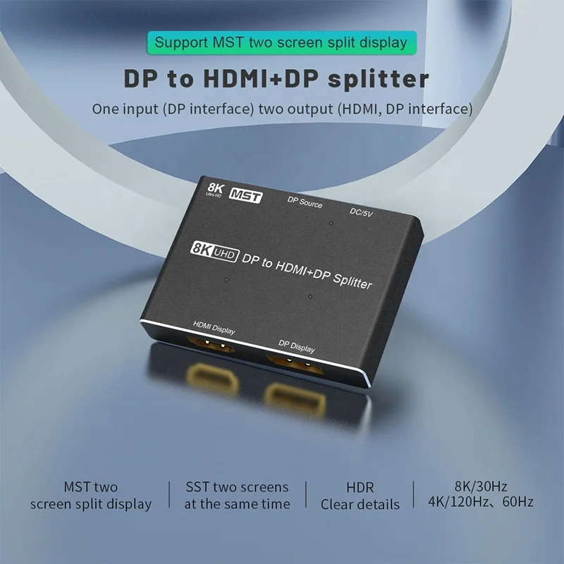 MST DP Displayport To HDMI and DP Displayport Splitter Adapter Box Black Support 2.1 8K 60Hz 4K 120Hz 7860x4320 Resolution
