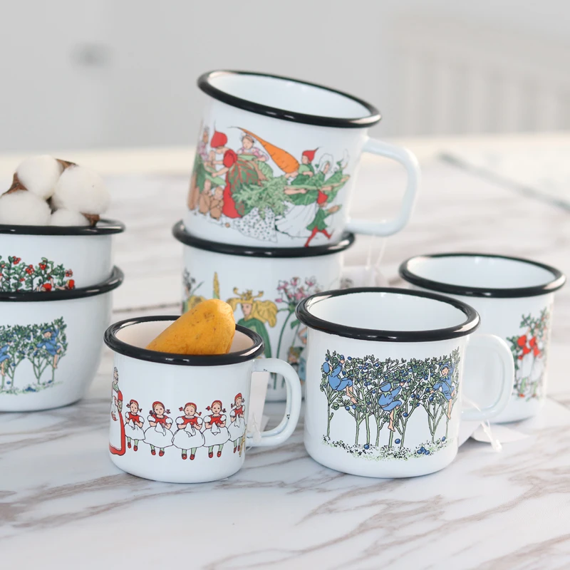 8oz 12oz 16oz 18oz 21oz personalised logo printed iron metal coffee drinking round enamel mug with black rim