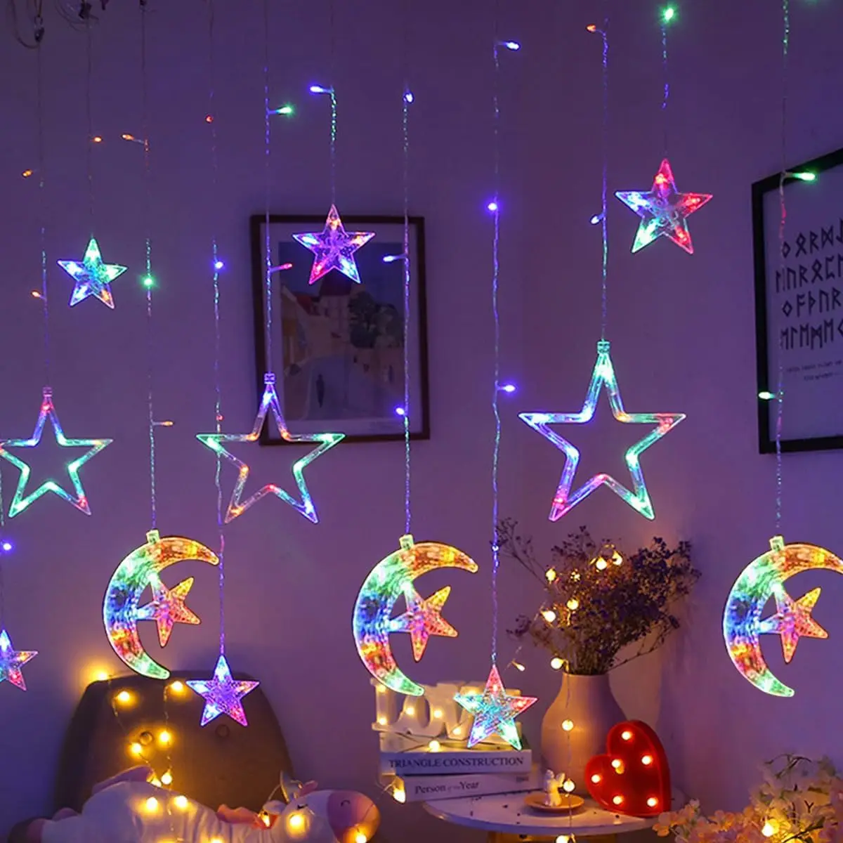 Battery power moon star curtain lights 138leds icicle window curtain lights warm white fairy string copper lights home indoor