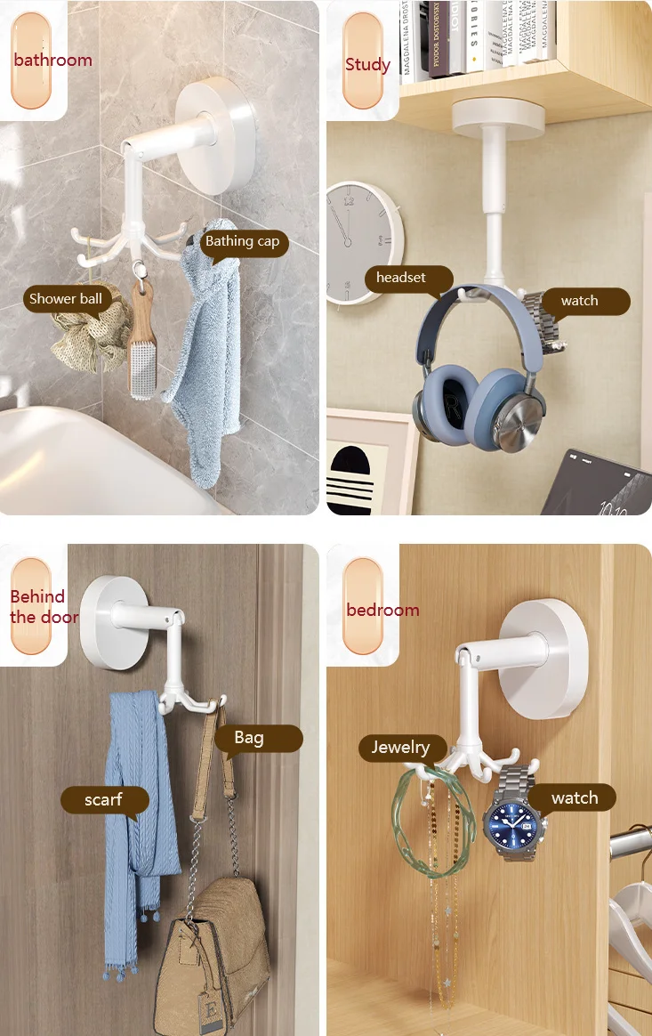 Kitchen Utensils Wall-mounted Hook 360 Degree Vacuum Suction Storage Hook Hanger with 6 Claws for Kitchen Bathroom Office