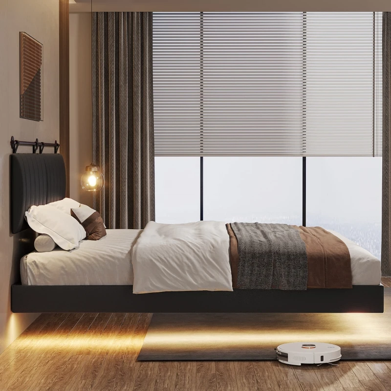 Wall Mounted King Padded  Upholstered Head Boards Solid Wood Hanging Headboard Panels with Stainless Steel J Hooks for Bedroom