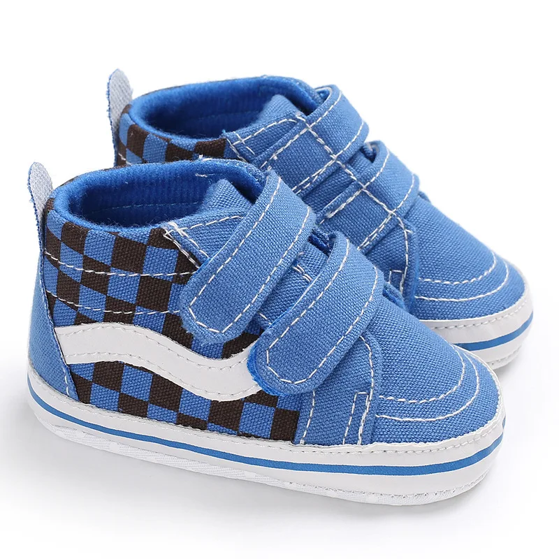 YIZHI Wholesale Cheap Soft Sole Canvas Plaid Toddler Shoes Double Hook High-top Walkers Baby Shoes