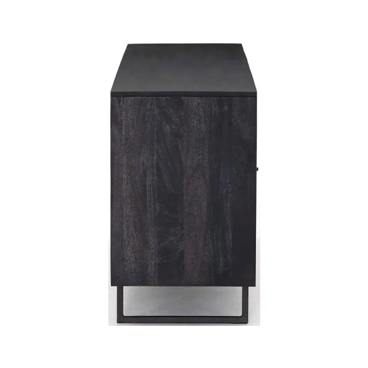 BELLEWORKS OEM ODM Rattan Storage Cabinet Kitchen Furniture Modern Black Metal Wood Rattan Sideboard