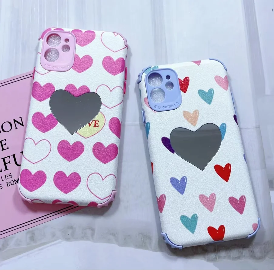 Shockproof TPU leather Heart Phone Cover for iPhone 7 8 Plus Case With love Mirror , for iPhone 11 12 Mirror Phone Case