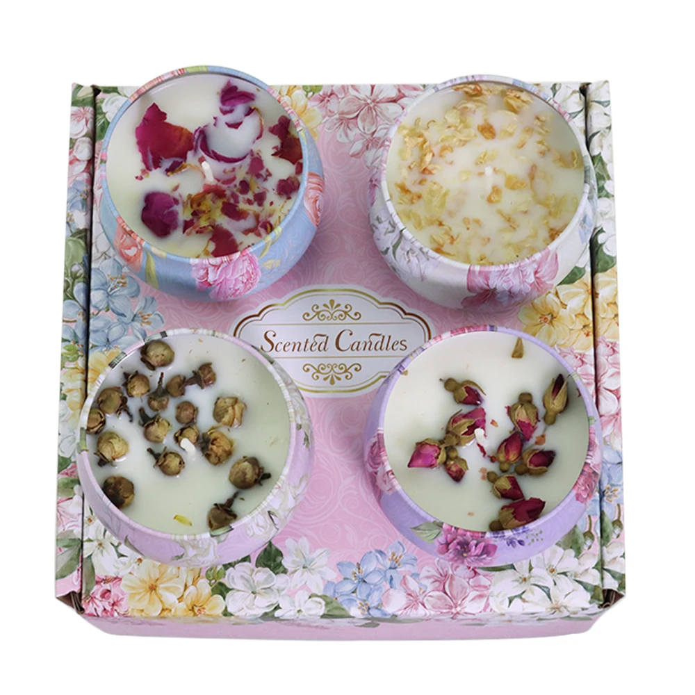 Hot Sale  Romantic Wedding nature 4 OZ  Metal Soy Wax Scented Tin Candle In Tin Box Gift Set