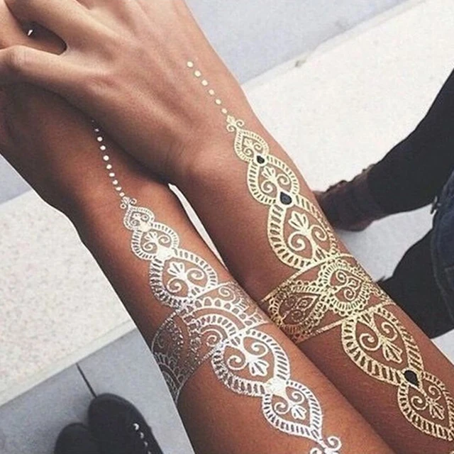 Factory Custom Metallic Gold  Silver Henna Temporary Tattoos Foil Henna Tattoo Stickers