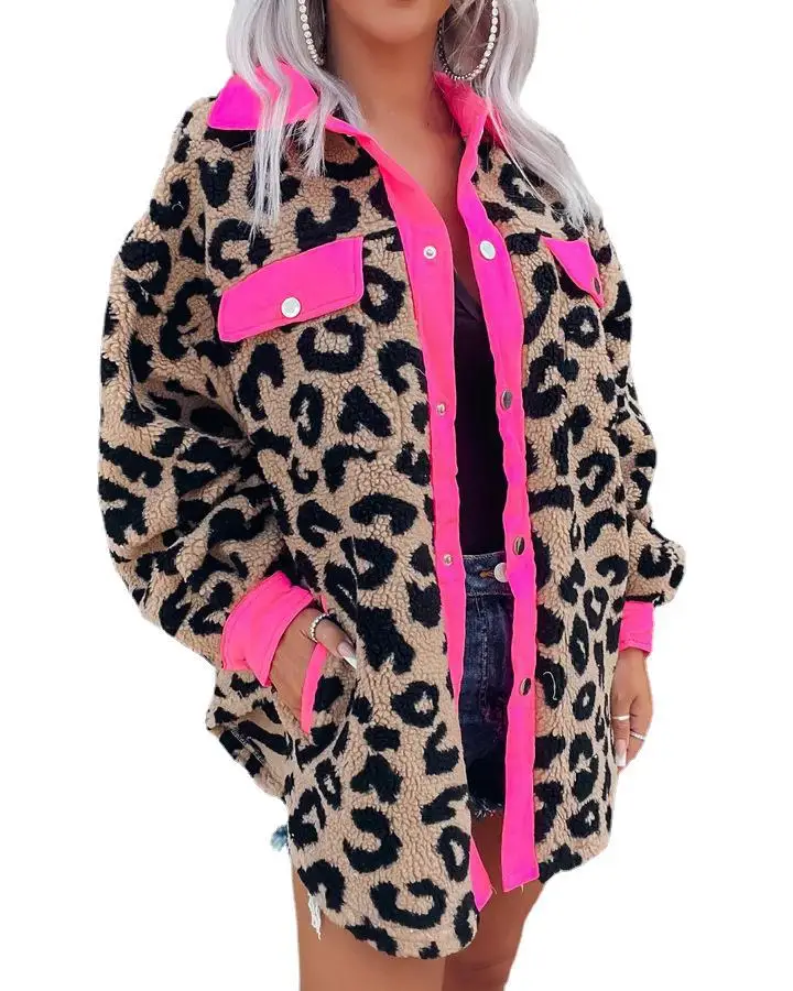 2022 Winter New Trendy Neon Pink Patch Work Contrast Trimmed Leopard Teddy Coats Women Shacket Fleece Jacket