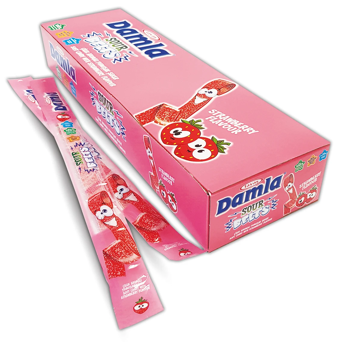 SPECIAL LONG TO 45CM MIX FRUIT FLAVOR SOUR BELTS 8 PIECE IN ONE BAG SOUR STRIPS