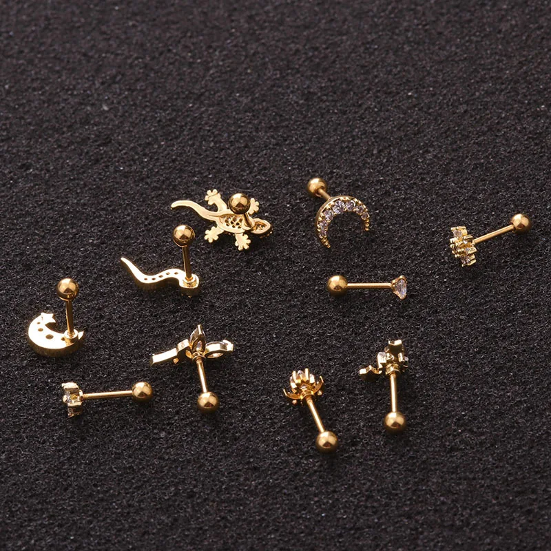 18K Gold Plated Stainless Steel Cubic Zirconia Single Ear Cartilage Stud Helix Piercing Earrings Stud