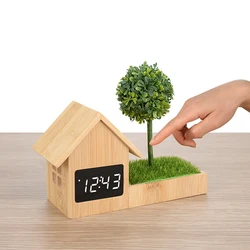 2022 New Year Gift Home Decoration Real Bamboo House shape Alarm Clock With Calendar Temperature Display best for bedroom