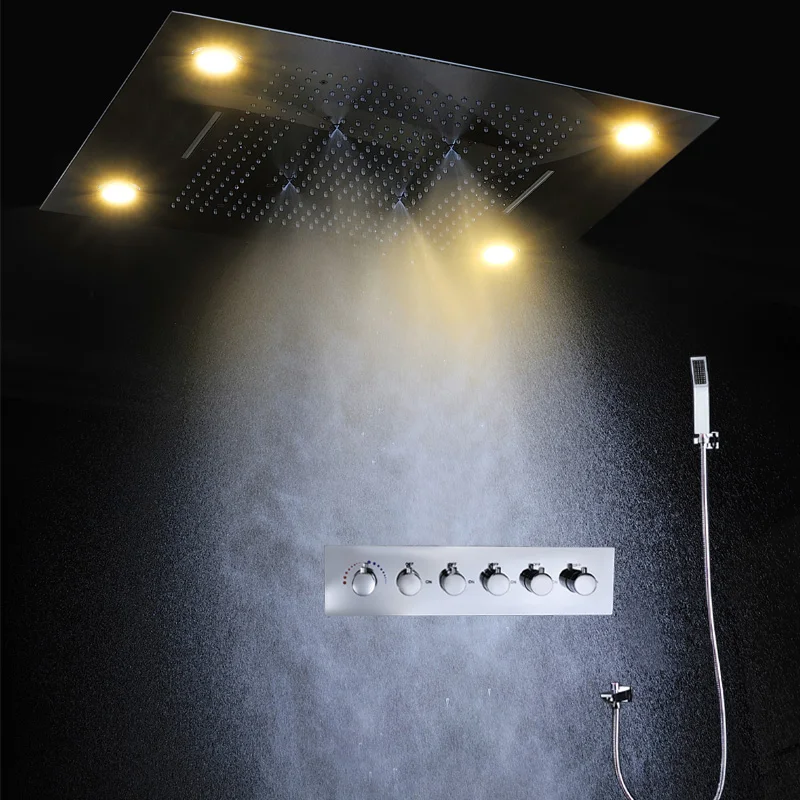 High Quality 24Inch LED Shower Set 5 Function Big Rain Shower Head Thermostatic Mixer Waterfall Mist Ceiling Panel Mirror Faucet