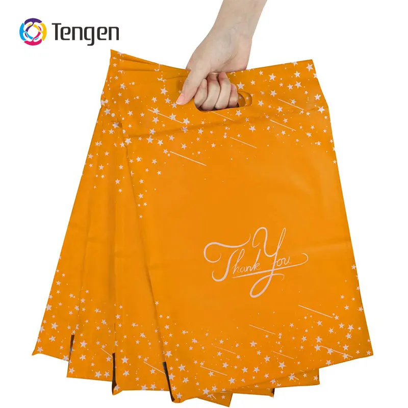 Wholesale Thank You Poster Mailing Bags Biodegradable Plastic Yellow Clothes Packaging Die Cut Handle Bag