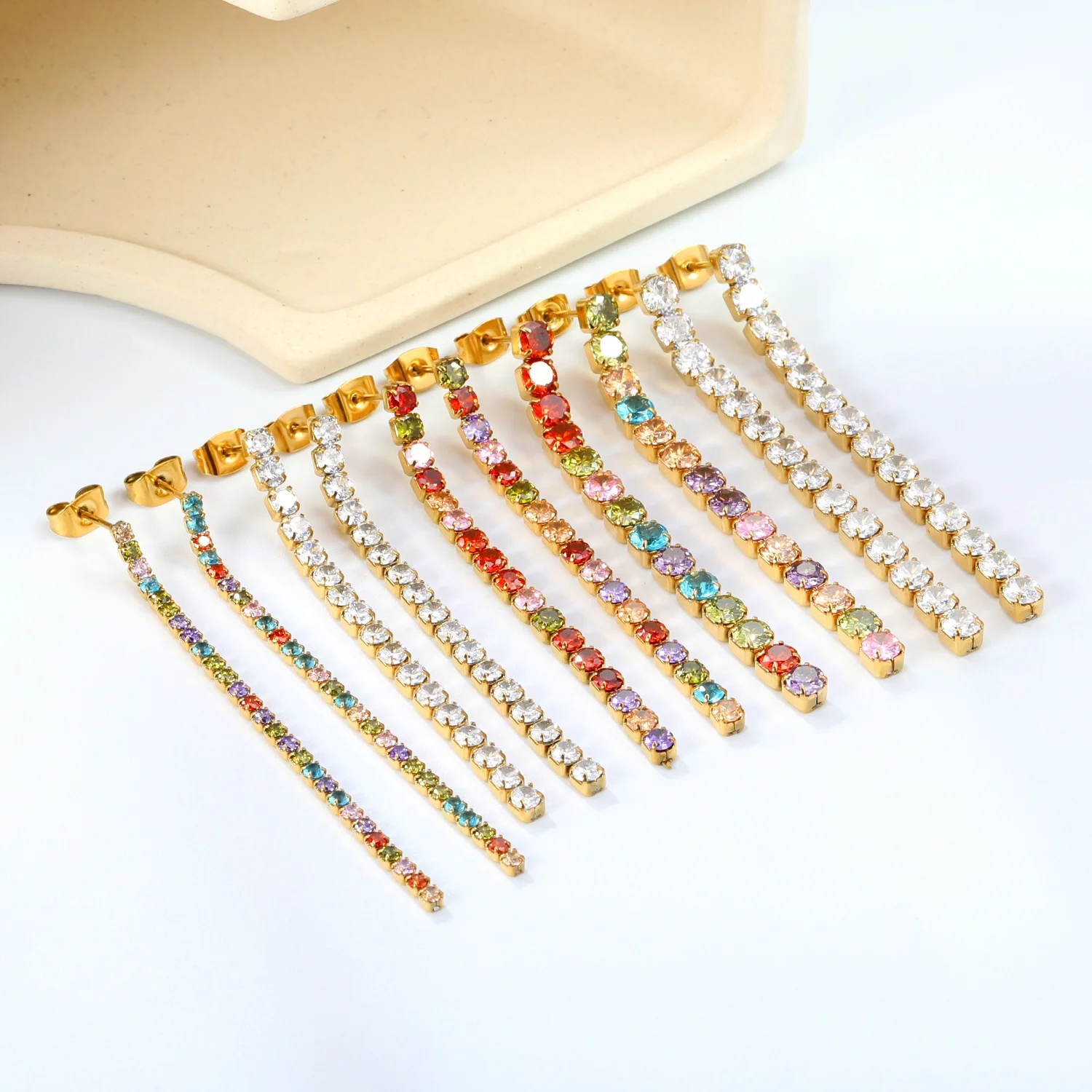 New Trendy Baguette Geometric Tennis Earring Long Tassel Cubic Zirconia Dangle Earrings for Women Party Wedding Jewelry Gift