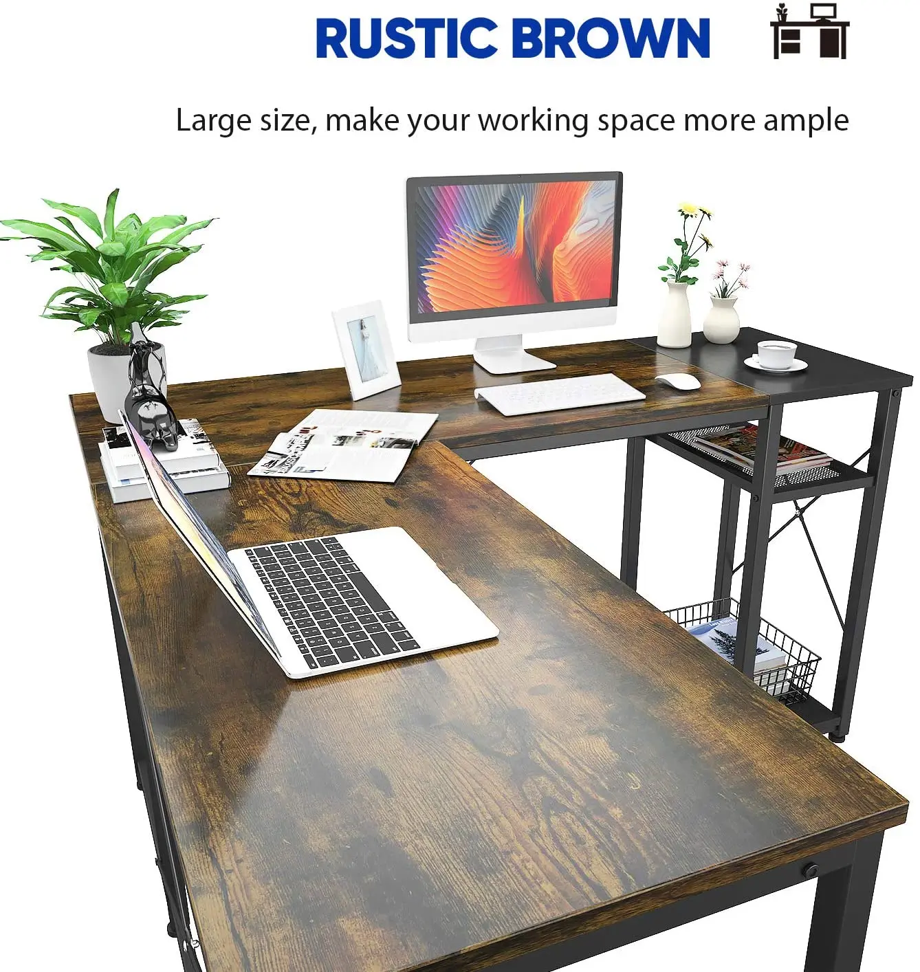 Rustic Brown/Black L-Shaped Large Gaming Desk 2 Person Table for home office Computer desk Writing Gaming Gamer Command Center