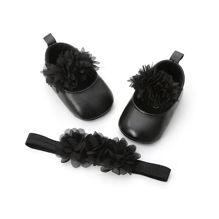 Cute Flower 0-1 Year Old Baby Toddler Shoes Soft Bottom Baby shoes with Headband sets