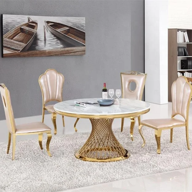 royal luxury wedding gold stainless steel base  round marble top hotel table and chair modern designs