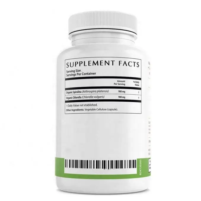 Private Label Organic Spirulina and Cracked Cell Chlorella Chlorophyll Capsules  Super Greens Powder