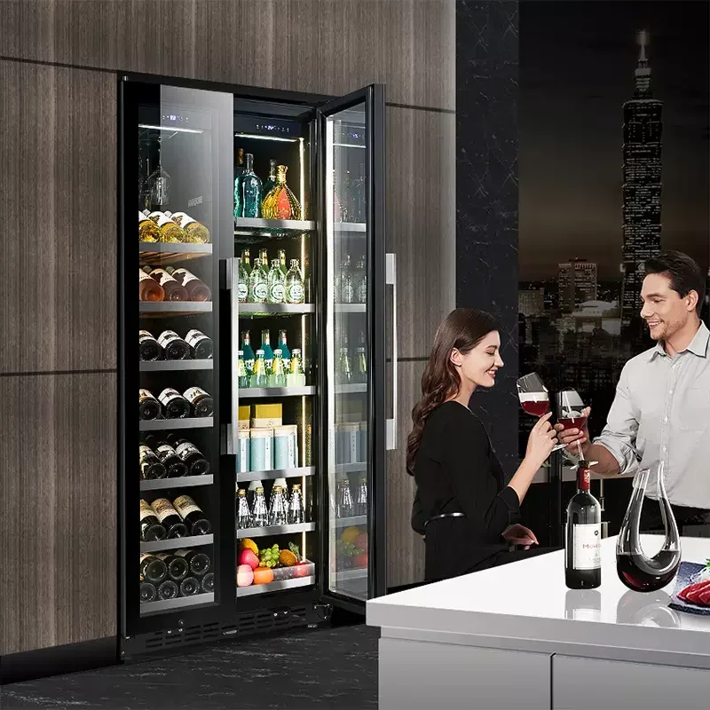 Wine Beer Fridge Double Temperature Door Type Cooler Dual Zone Wine Beverage Cooler Cabinet with French Door