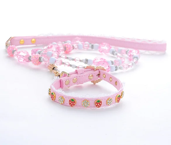 Wholesale Prices Padded Adjustable Pu Lace Cute Leather Pearl Bow Personalize High End Luxury Pet Collar Dog Leash Pet