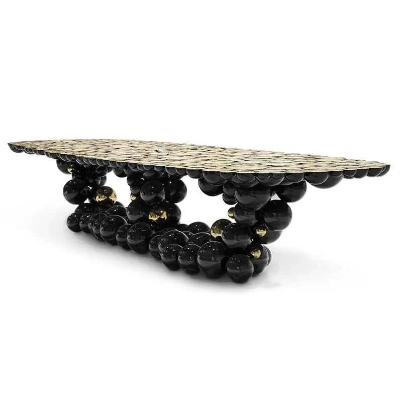 Custom Luxury Black Lacquer Dining Table with Gold-Plated Stainless Steel Ball Design 5-Star Hotel Style for Home Furniture