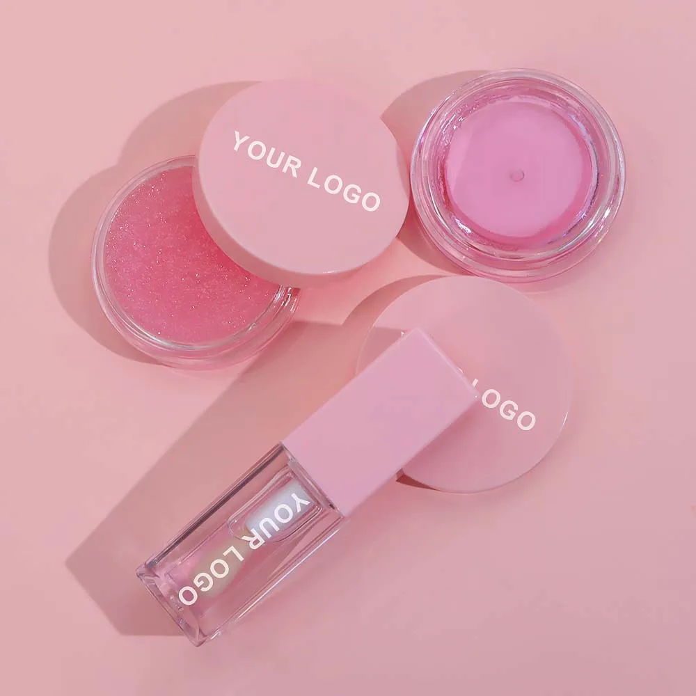 Wholesale Vegan Cruelty Free Pink Lip Balm And Scrub Trio Treatment Oil Lipcare Sets Private Label Lip Care Kit