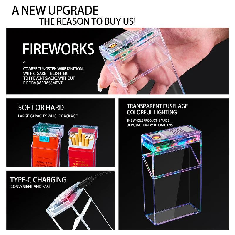 COOL COLORFUL LIGHTS CIGARETTE CASE WITH LIGHTER  AUTO-CASE , IGNITION AND STORAGE  CIGARETTE CASE