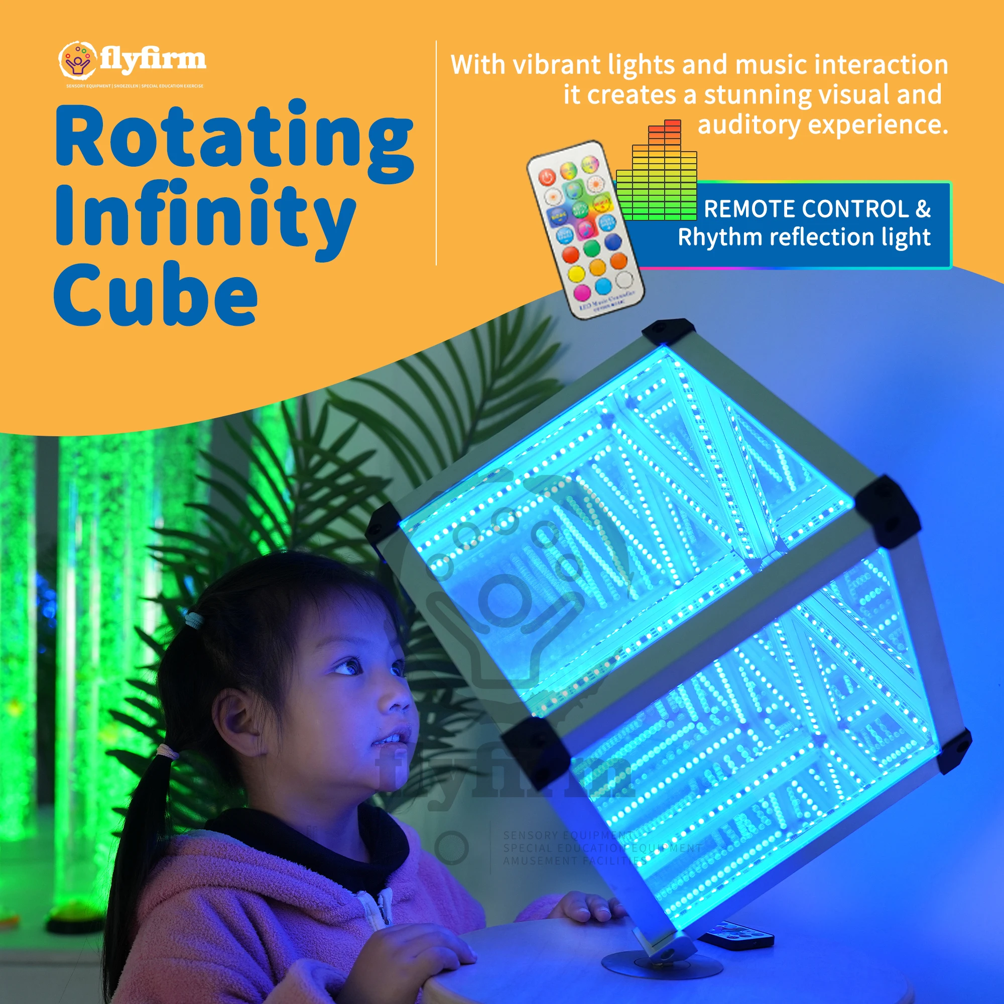 Flyfirm Rotating Infinity Cube with Music-Activated LED Lights - Interactive Sensory Cube for Autism, ADHD, and Home Decor