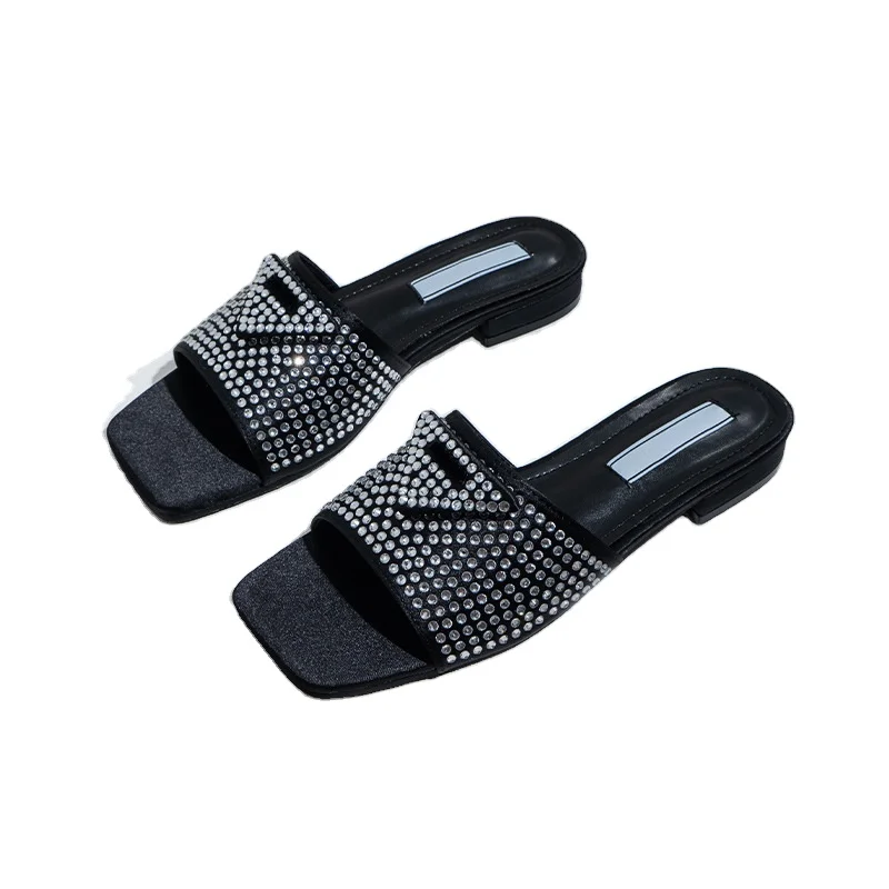 Factory direct supply summer women sandals and slippers crystal rhinestone indoor and outdoor beach slides designer luxury brand