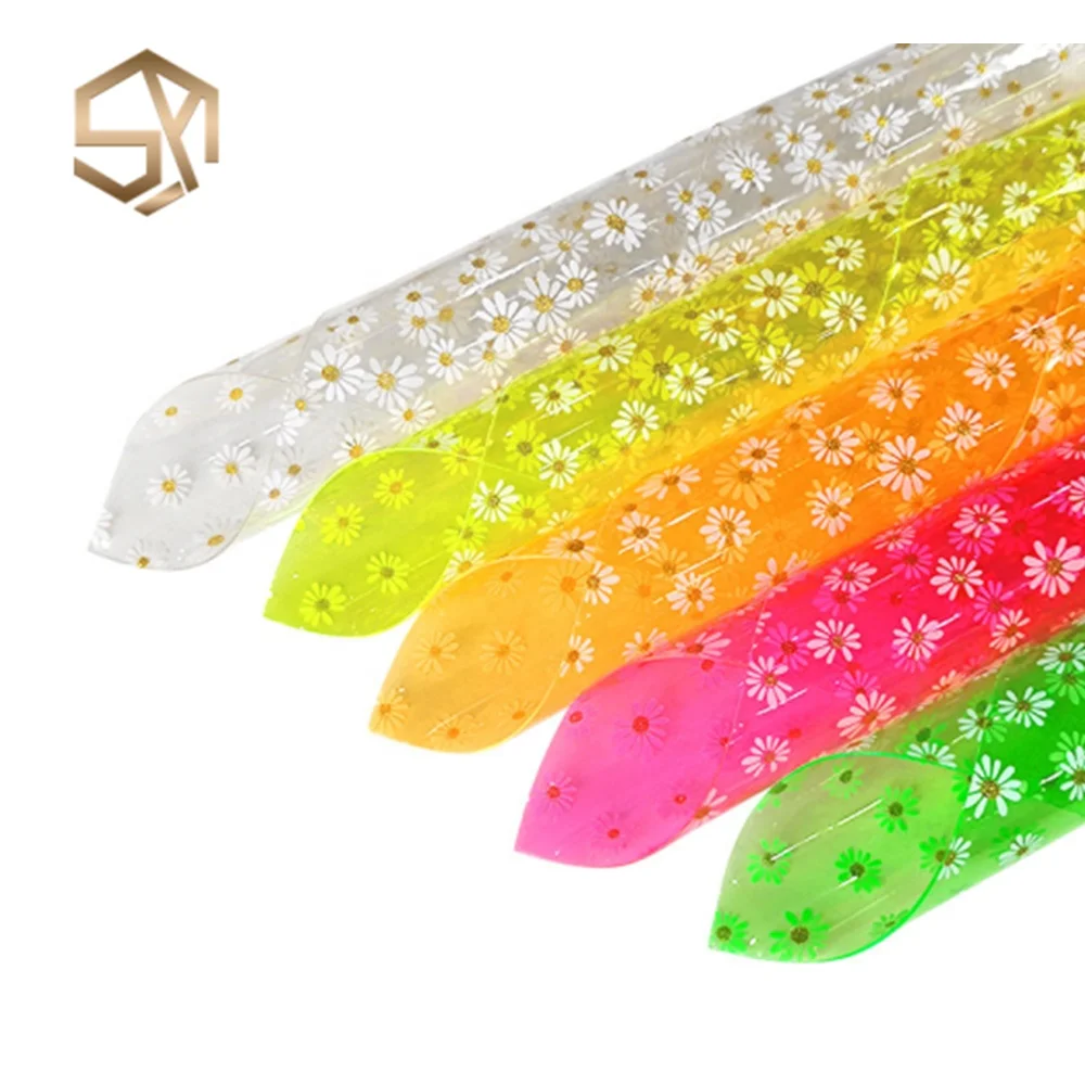 0.8MM Custom Colorful Printed Dasies Flower Pattern Design PVC Jelly Plastic Film Faux Leather Rolls For Decoration Bags