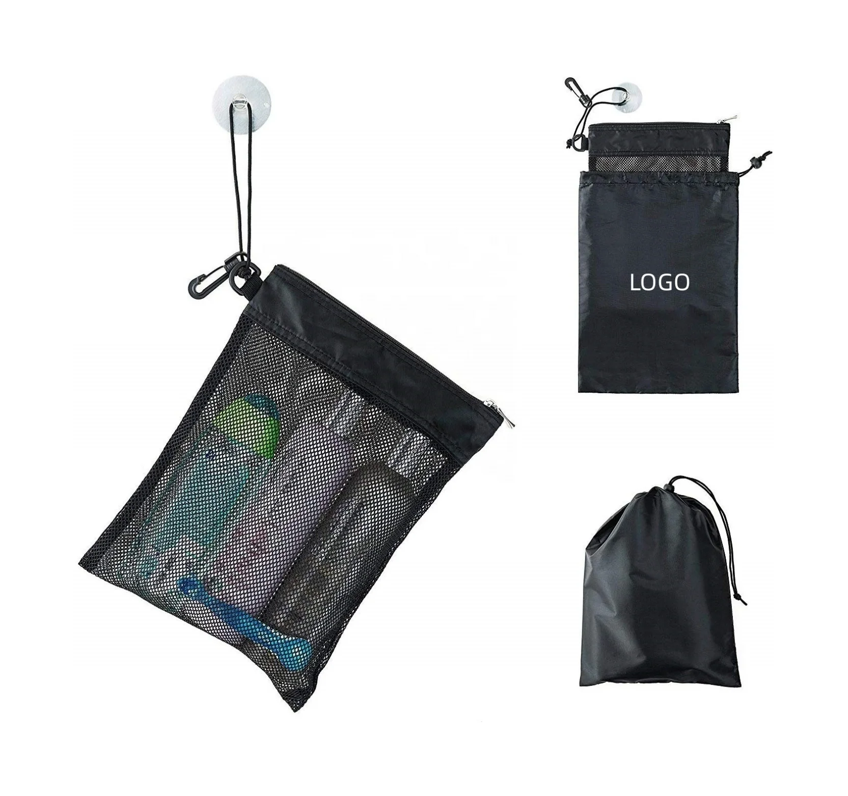YA SHINE Wholesale Waterproof Black Portable Hanging Mesh Caddy Toiletry Organizer Shower Bag Tote With Suction Cup