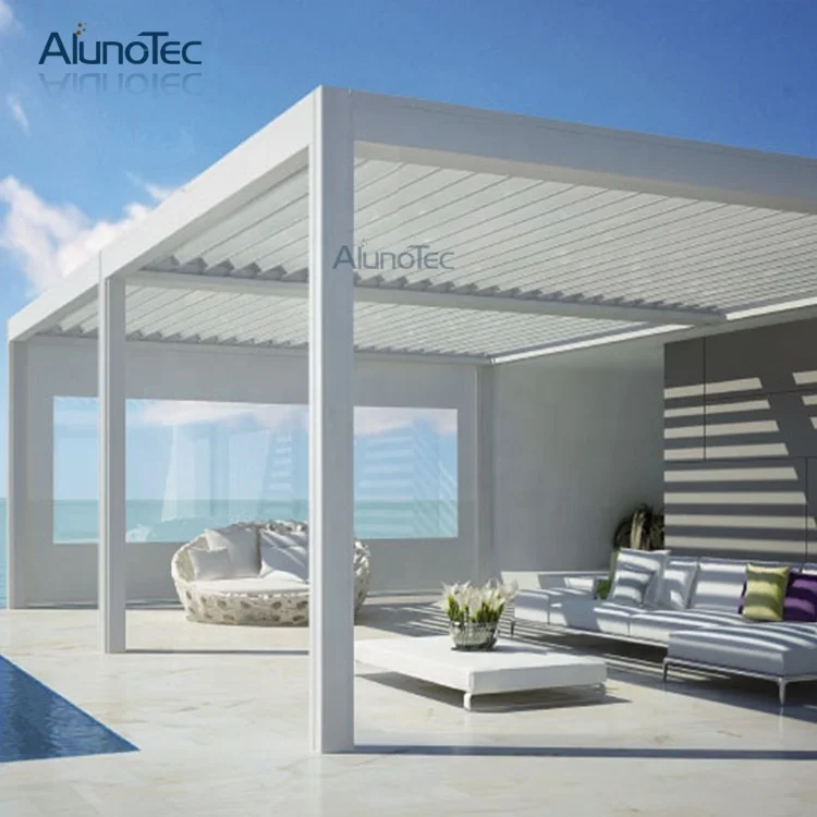 Luxury Modern Pergola Motorised Solar Louvered Covering Design Roof  Outdoor Gazebo With Motor Opening