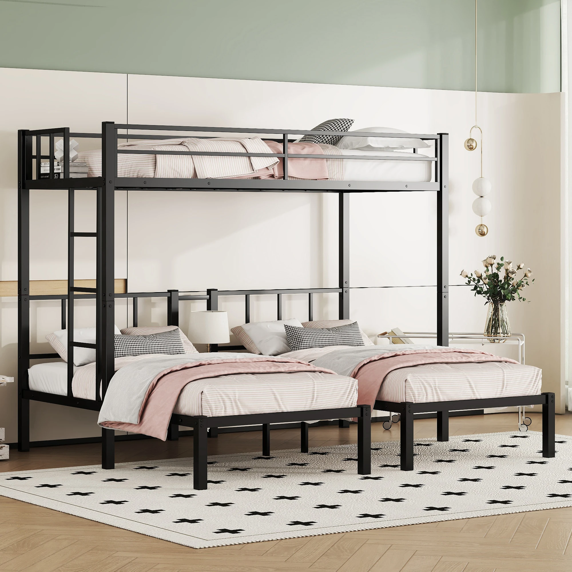 Space-Saving Can be Separated into 3 Twin Beds Black Triple Twin Bunk Bed