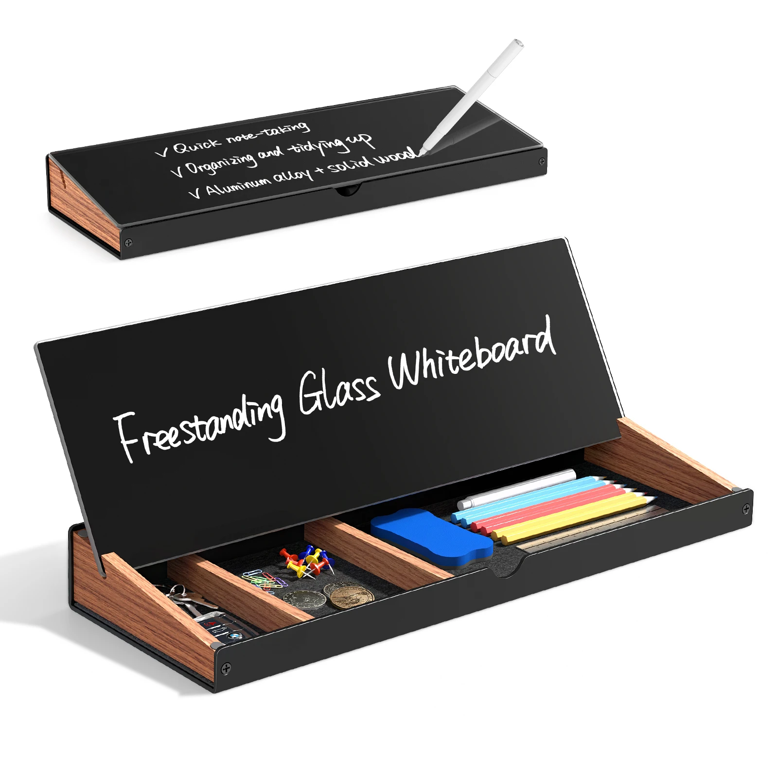 Sturdy Aluminum Dry erase white board Wooden Storage Compartment Glass Whiteboard Buddy Board for Office, Home, School, Desk