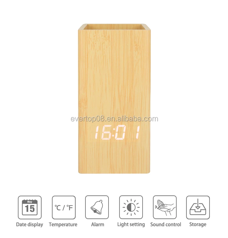 ET587 RTS Wooden Vase Table Clock Digital  LED Display With Multifunctional Holder
