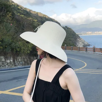Fashion Elegant Ladies Spring Summer Beach Uv Sun Hat Handmade Hepburn Style Big Wide Brim Flat Straw Bucket Hats Sombrero Women