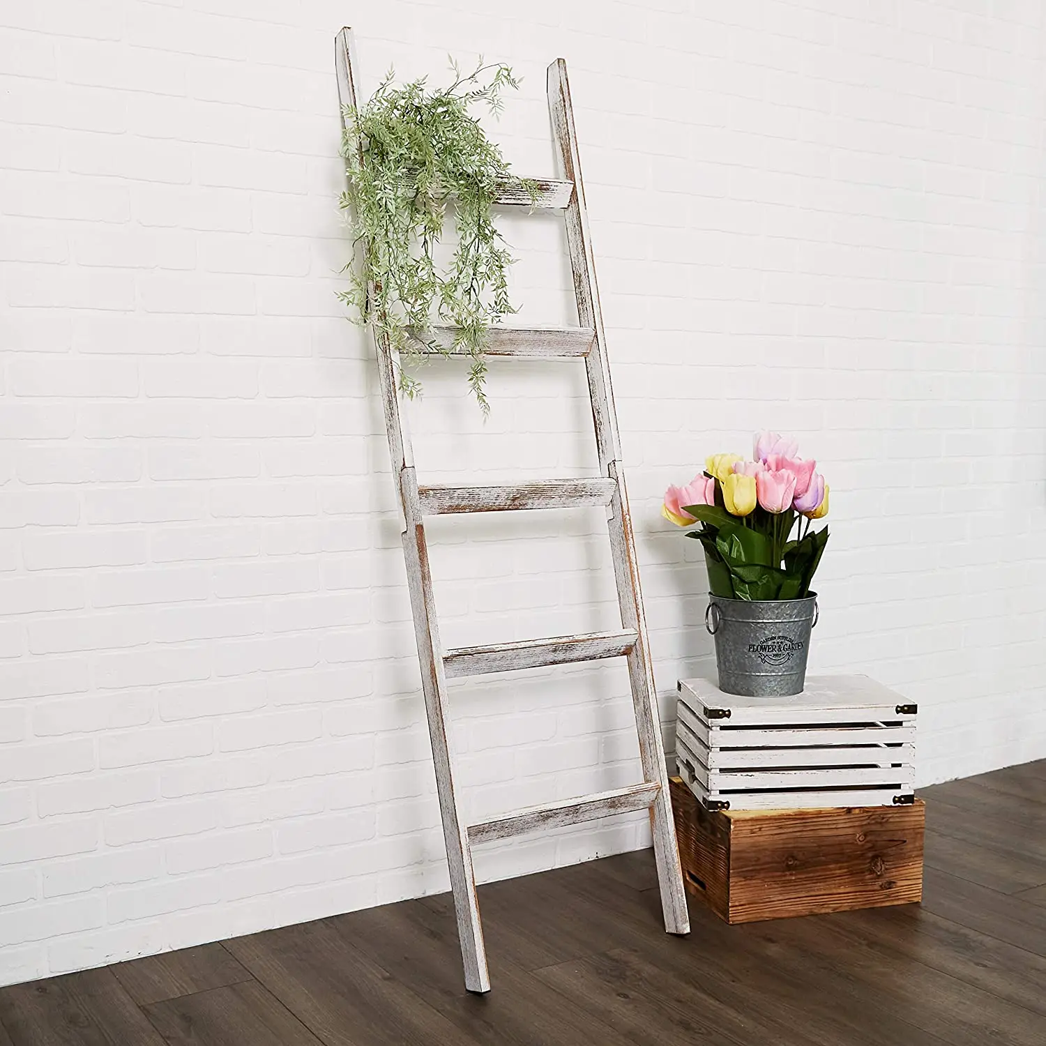 Farmhouse Home Decor Easy Assembly White Washed Rustic 5ft Wood Blanket Ladder