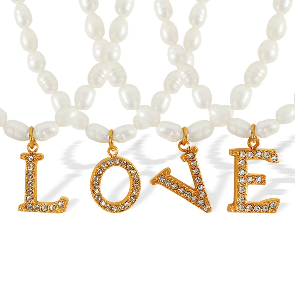 Freshwater Pearl Letter Pendant Necklace New Stainless Steel 18k Beaded Zircon Necklace Waterproof Fashion Necklace