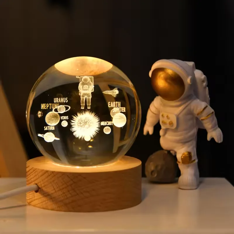 Honor of crystal Solar System Moon Nebula k5K9 crystal ball luminous Crystal 3d Ball Night Lamp with Wooden Led Night Light Base