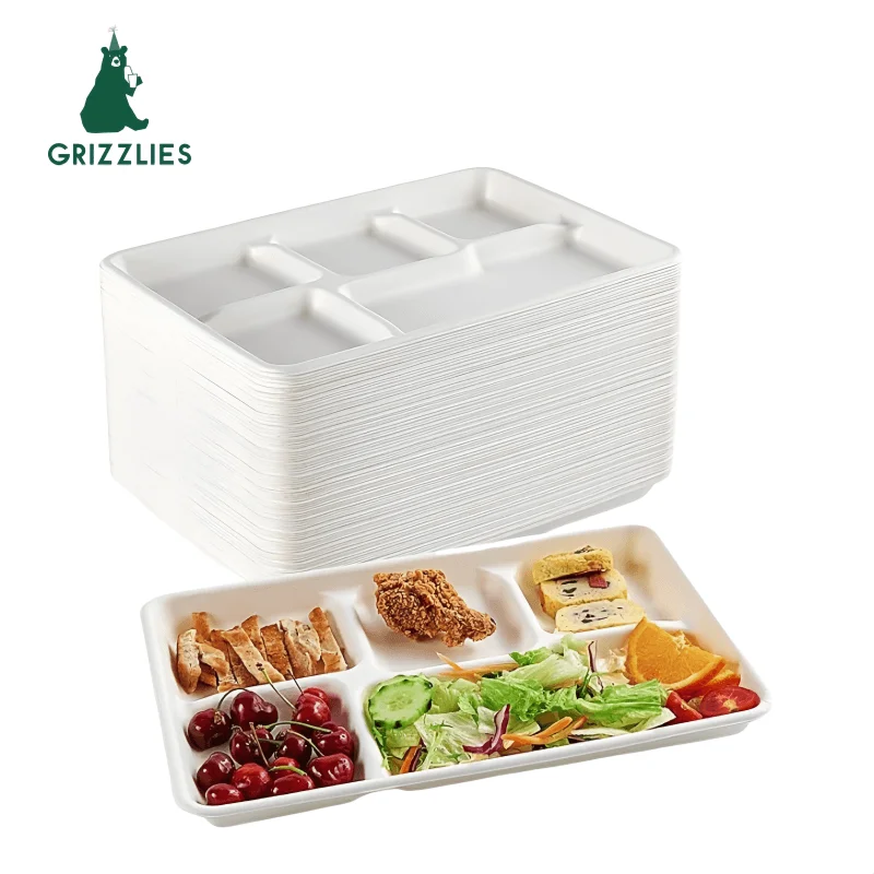 Biodegradable Rectangular Food Tray Supermarket Meat Tray Eco-Friendly Plates for Buffet and Party Bagasse School Lunch Tray