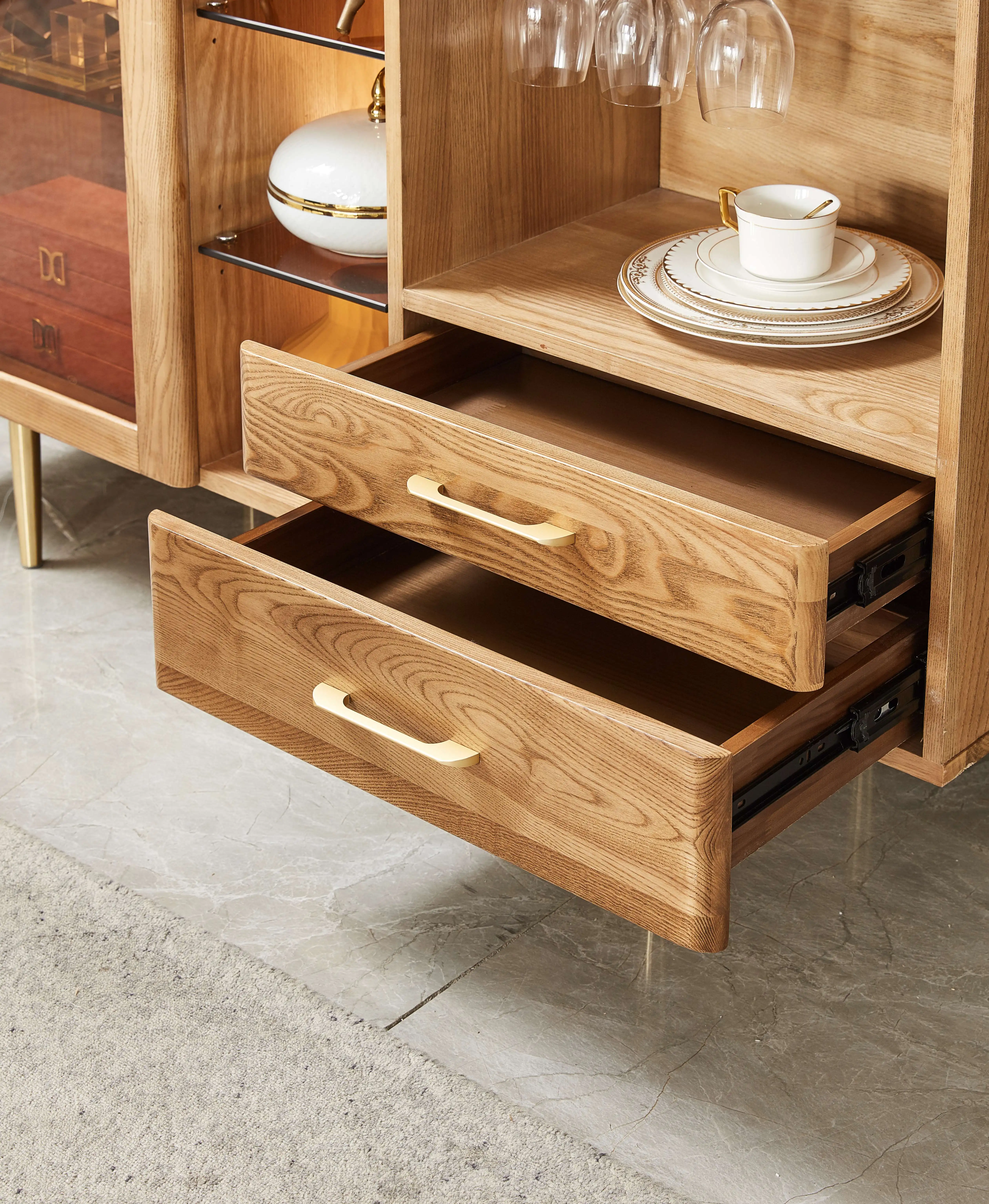 Multifunctional Solid Wood Storage Classic Sideboard Cabinet glass 2-door Wooden Buffet/ Dining Room Storage Cabinet