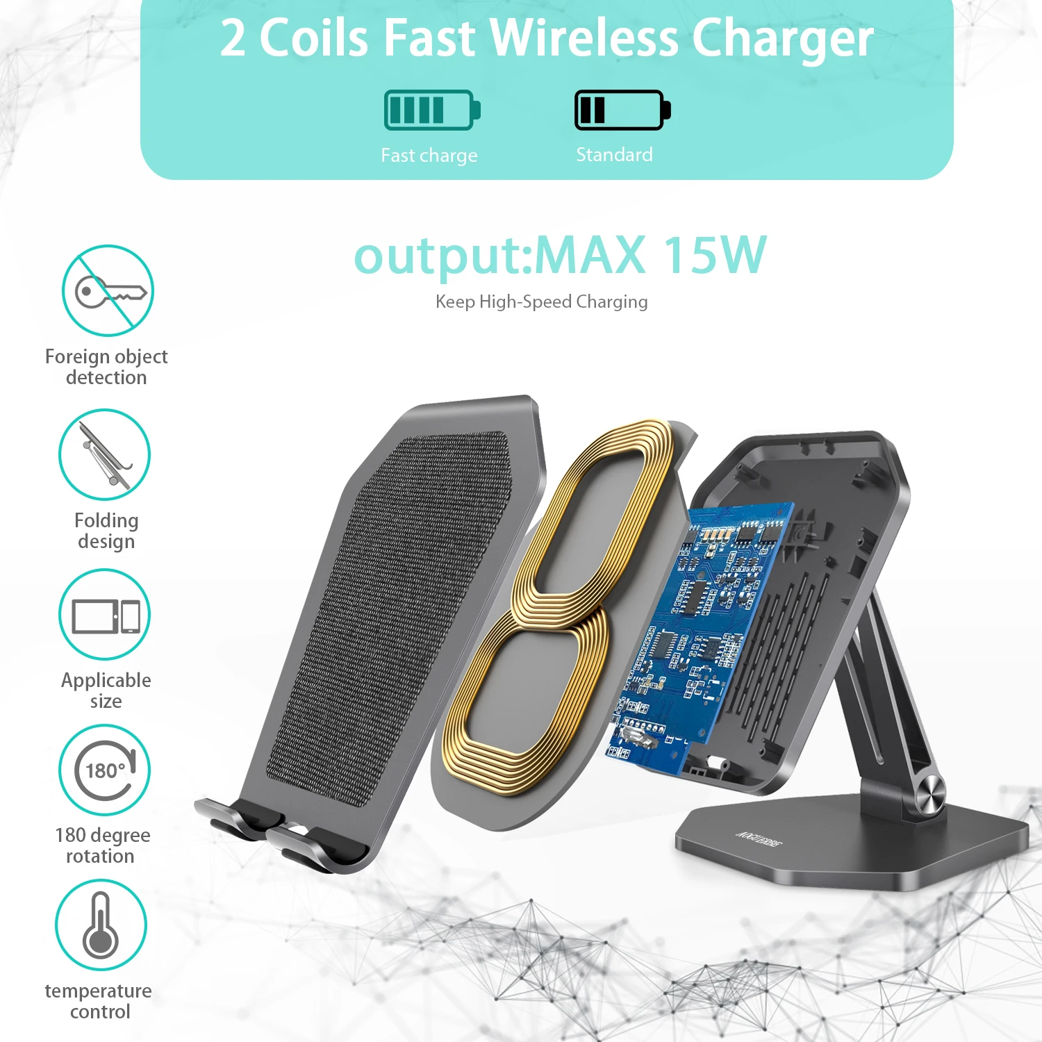 
Drop shipping 15W portable fast charger 180 degree free adjust PD3.0 15W mobile Ipad aluminium holder wireless charger 