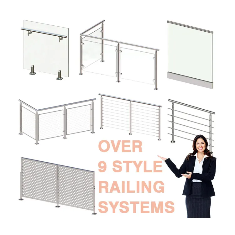 Aluminum Stainless Steel Stair Glass Railing System Balcony Deck Balustrades Handrails with Clamps Spigot