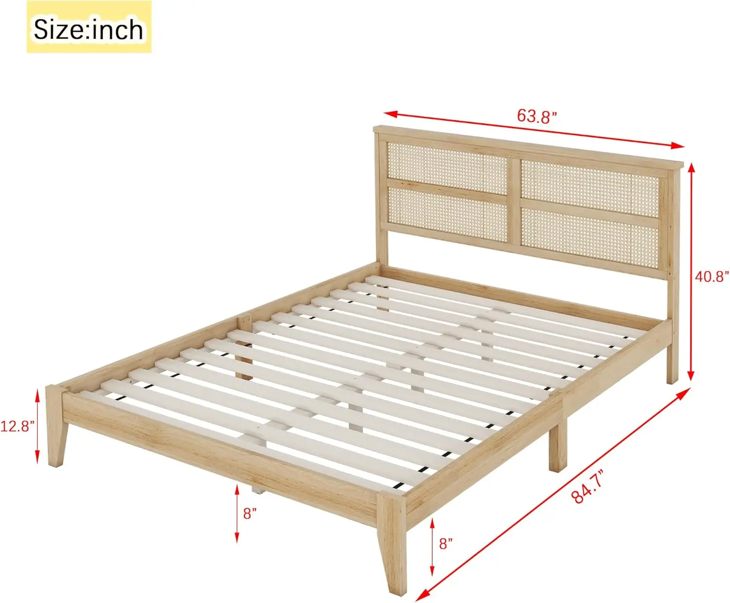Queen Size Bed Frame with Rattan Headboard, Country Rustic Style Rubber Wood Platform Bed with Slat
