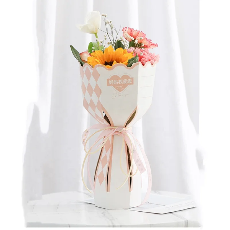 Custom Printed Bouquet Stand Paper Box Unique Flowers Bouquets Packaging Vase Boxes Customization Flower Display Paper Box